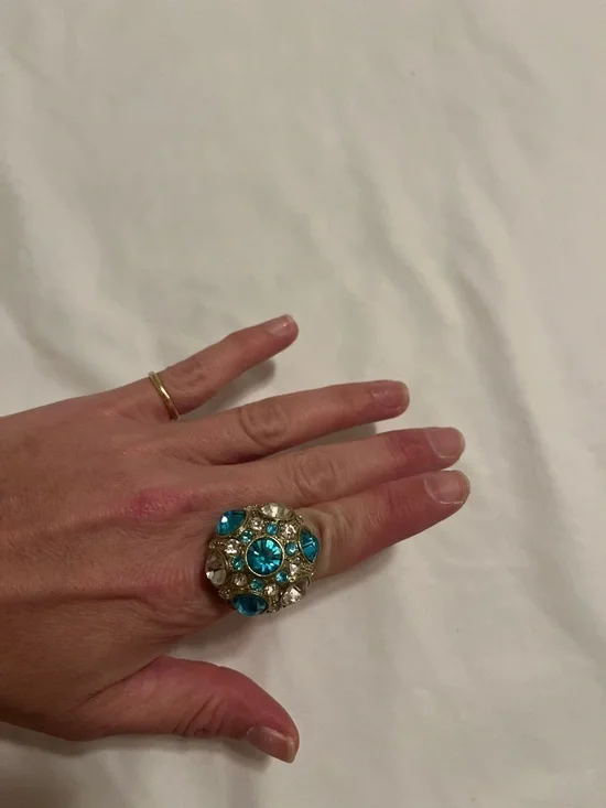 Gold-Tone Dome Ring with Turquoise and Clear Crystals - Picture 5 of 5